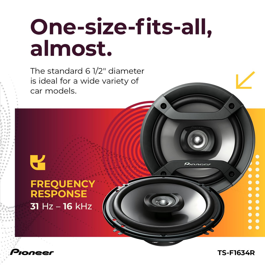 Pioneer F-Series TS-F1634R 6.5" 2-Way Coaxial Car Speakers 200W Max | Great Factory Speaker Replacement, Balanced Sound + Smooth Treble, High-Efficiency Speaker Designed for OEM Power