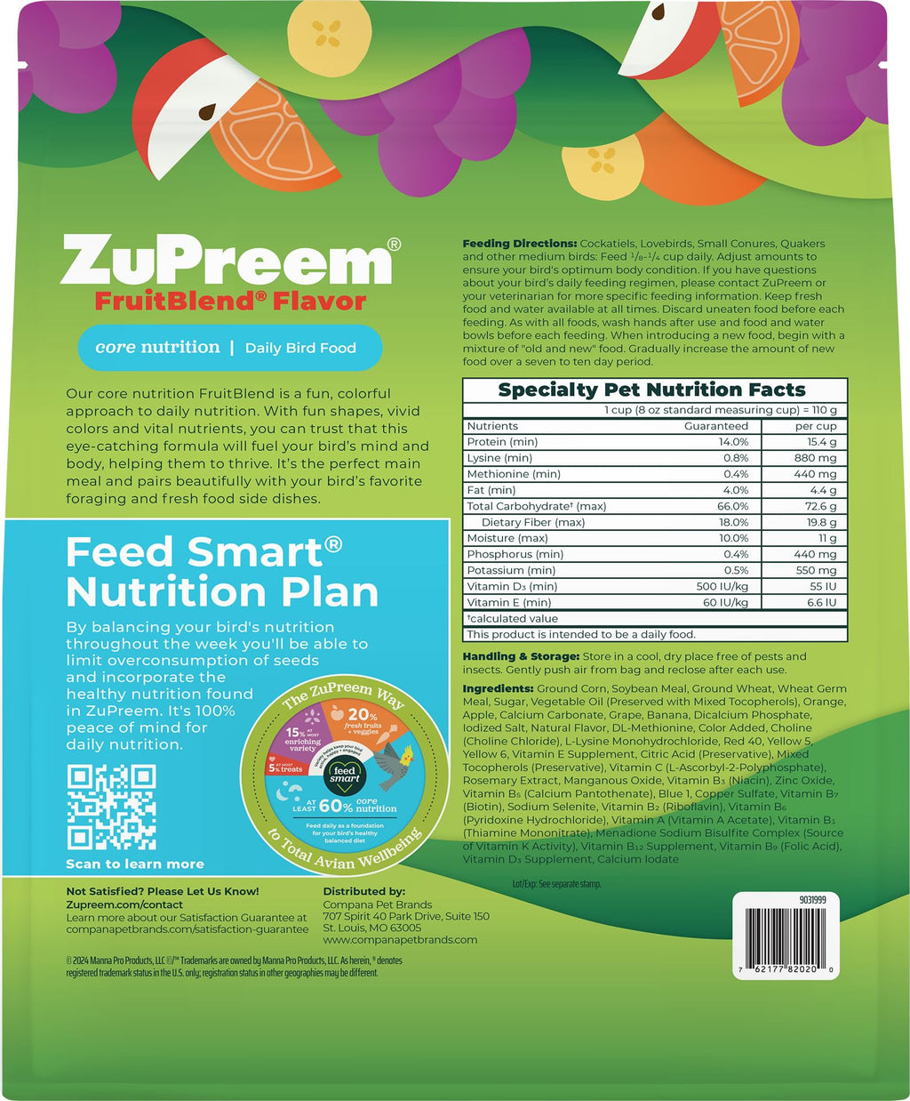 ZuPreem FruitBlend Cockatiel & Conure Food, Uniform Bird Food, M, 2 lb | Bird Food Pellets, Fruit Blend, Cockatiel Food, Conures, Lovebirds, Love Bird Pellets, Cockatiel Pellets, Parrot, Medium Bird