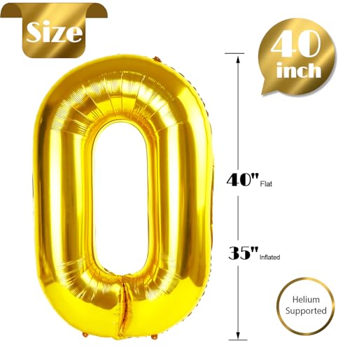 Gold 0 Balloon - Number Balloon 40 Inch, 0th Gold Birthday Decorations | Giant foil helium inflatable 10 20 30 40 50 Numbers Balloon Birthday Decorations, Gold Party Supplies for Women Men