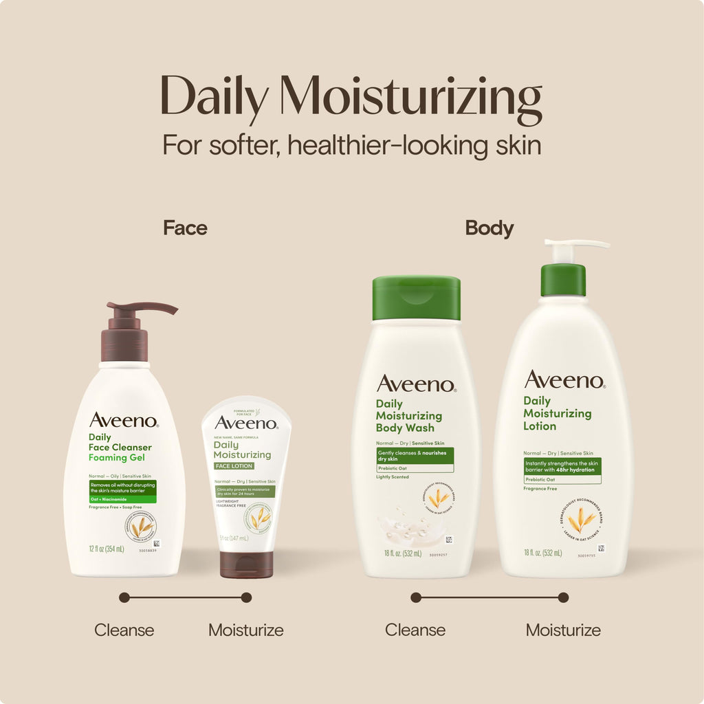 Aveeno Daily Moisturizing Body Lotion, Fragrance-Free, 18 fl. oz | Daily Moisturizing Body Lotion for Normal to Dry Skin, Soothing Prebiotic Oat, Non-Greasy Formula, Non-Comedogenic