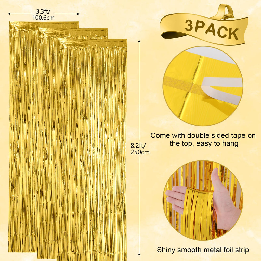 Voircoloria Gold Foil Fringe Backdrop Curtains, 3.3x8.2ft, 3 Pack | Tinsel Streamers, For New Years Eve, Graduation, Birthday, Baby Shower
