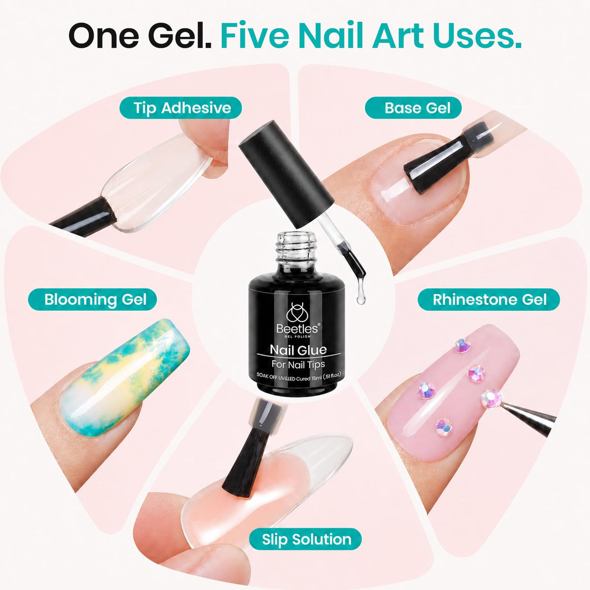 Beetles Gel Polish 2Pcs 15ml Nail Glue Kit for Acrylic Nails | 5 in 1 Super Strong Brush in Nail Gel Glue for False Nails Tips and Gel Nail Polish Led Lamp Required