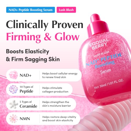 EQQUALBERRY NAD+ Peptide Boosting Serum | 14 Peptide Serum for Face, Neck & Body | Vegan Collagen & Pink Serum for Anti-Aging, Firming & Lifting | Korean Skincare (1.01 oz / 30ml)