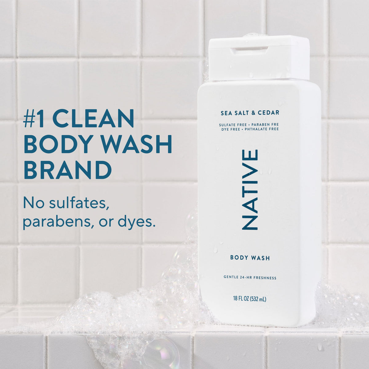 Native Clean Body Wash for Women & Men, Sea Salt & Cedar Scent, 18 fl oz | Gentle & pH Balanced for Sensitive Skin | 24HR Freshness | Free of Sulfates, Parabens, Phthalates | Vegan & Cruelty-Free