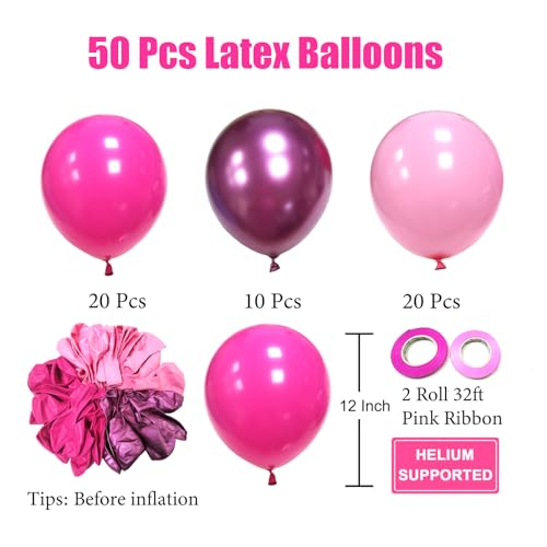 Pink Balloons Metallic Pink Balloon, 50Pcs 12Inch Hot Pink Chrome Pink Latex Balloons Light Pink Balloon and Dark Magenta Pink Balloons for Birthday,Baby Shower,Princess Theme Party Decorations