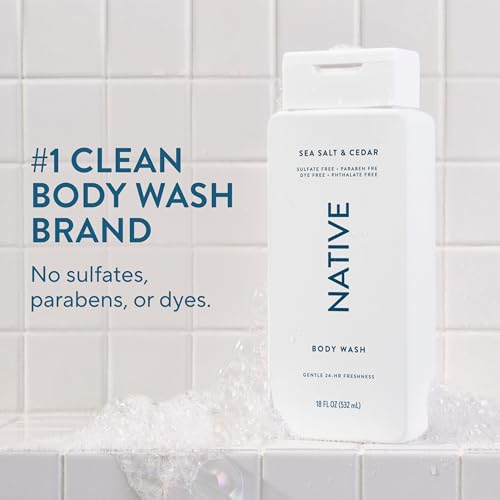 Native Clean Body Wash for Women & Men, Sea Salt & Cedar Scent, 18 fl oz | Gentle & pH Balanced for Sensitive Skin | 24HR Freshness | Free of Sulfates, Parabens, Phthalates | Vegan & Cruelty-Free