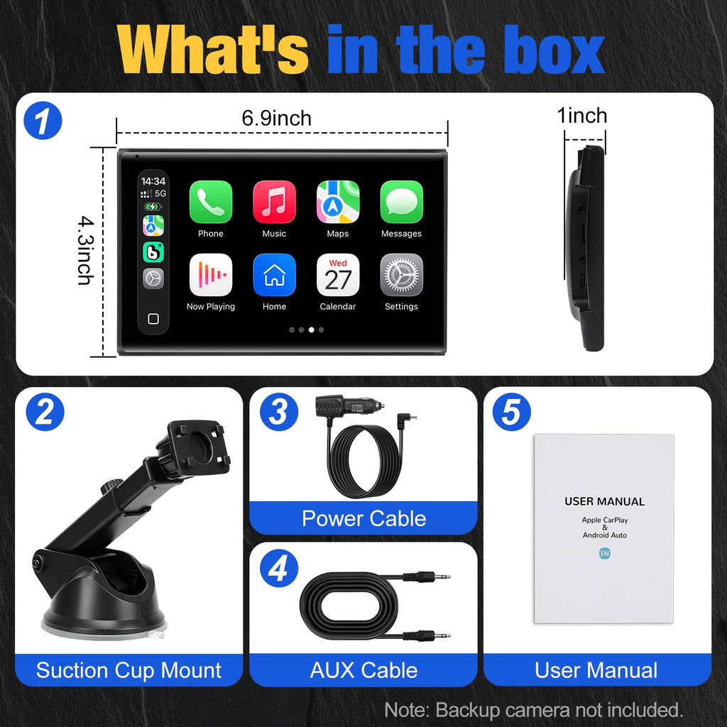 Carplay Screen for Car, 7 inch Wireless Carplay & Android Auto（Black） | Portable Touchscreen car play with Mirror Link，Bluetooth，Voice Control，Map Navigation，FM Transmit，Plug-and-Play car stereo