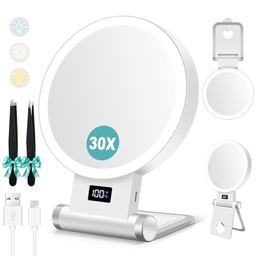 B Beauty Planet Magnifying Mirror with Light 30X, 2000mAh 1X/ 30X Magnifying Makeup Mirror with Standable Base & Tweezers, 3 Color Modes with Adjustable Brightness& Smart Display, Foldable for Travel