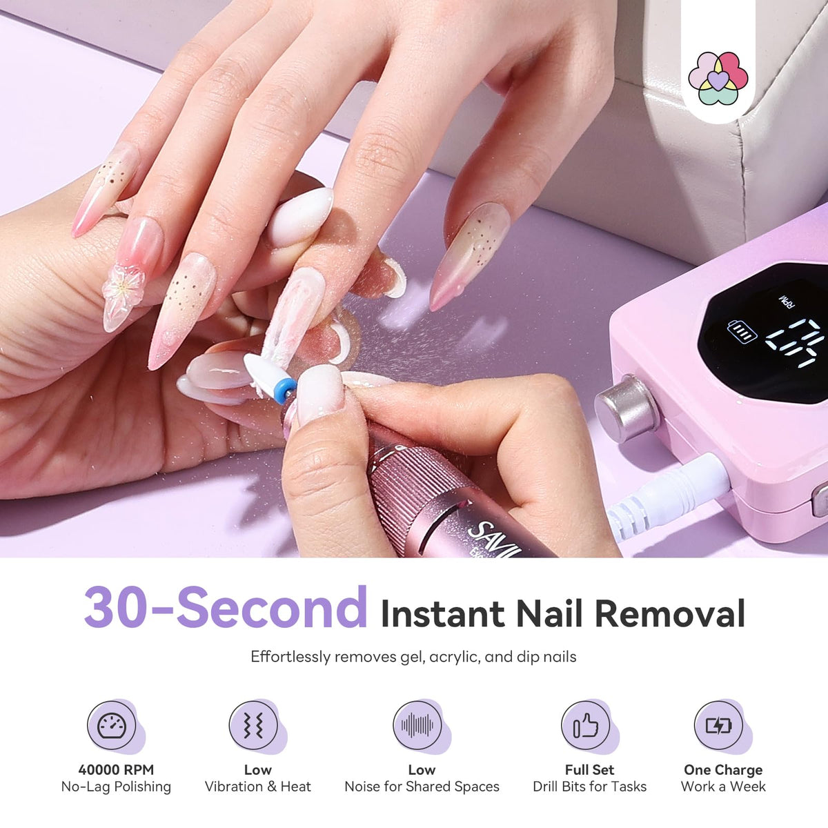 SAVILAND Nail Drill Professional 40000RPM 30S Fast Removal for Acrylic Nail | Low noise running, 4000mAh battery Long-Lasting, Complete drill bit set, Salon&mobile tech use, LCD display, Gradient Purple