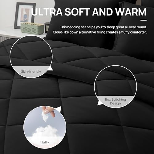 Love's cabin King Size Comforter Set, 7 Pieces Bed in a Bag, Black | OEKO-TEX Certified, All-Season, 1 Down-Alternative Comforter + 1 Flat & Fitted Sheets + 2 Pillowcases + 2 Pillow Shams
