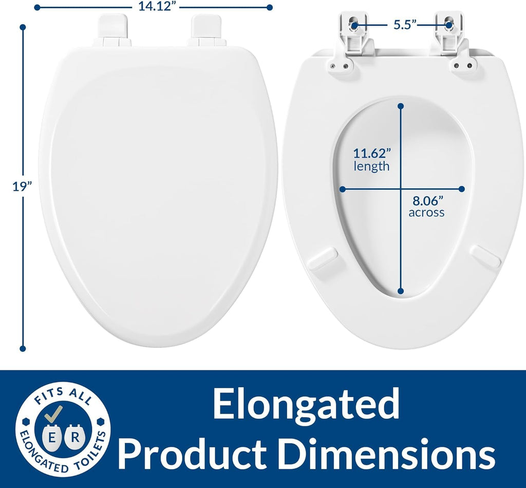 Mayfair Linden Slow Close Toilet Seat, Non Slip Heavy Duty Wood, Easy Install, Elongated, White