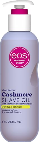 eos Vanilla Cashmere Shave Oil- Moisturizing Natural Shea Butter, 6 fl oz | Blend of Shea, Cocoa, & Argan Butters & Oils, Nourishing Formula to Minimize Irritation, 100% Vegan & Cruelty-Free