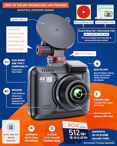 ROVE R2-4K Dash Cam, 4K UHD 2160P Car Camera, 8MP Sensor, WiFi 6 and GPS | Super Night Vision, 150° Wide Angle, 2.4in Screen, 24-Hr Parking Mode, Supports 512GB Max, Dash Camera for Cars Trucks