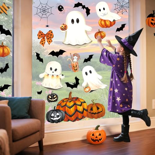 Halloween Window Clings Stickers Decor Fall Halloween Decorations Indoor | 8 Sheets Large Ghost Pumpkin Window Clings for Glass Windows & Doors, Holiday Window Decals for Home Office Classroom Parties