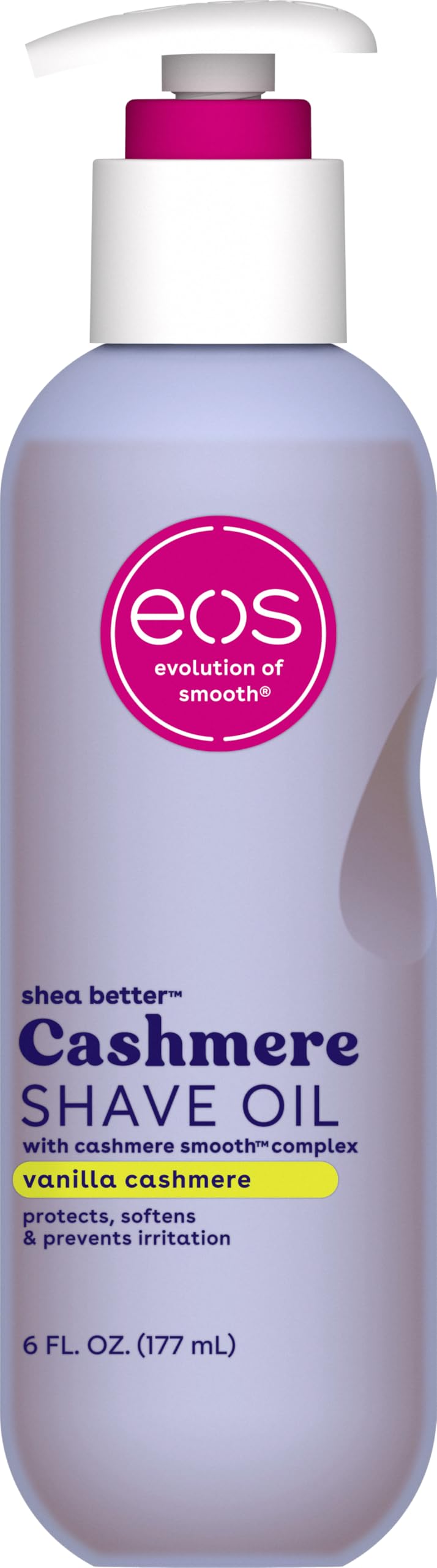 eos Vanilla Cashmere Shave Oil- Moisturizing Natural Shea Butter, 6 fl oz | Blend of Shea, Cocoa, & Argan Butters & Oils, Nourishing Formula to Minimize Irritation, 100% Vegan & Cruelty-Free