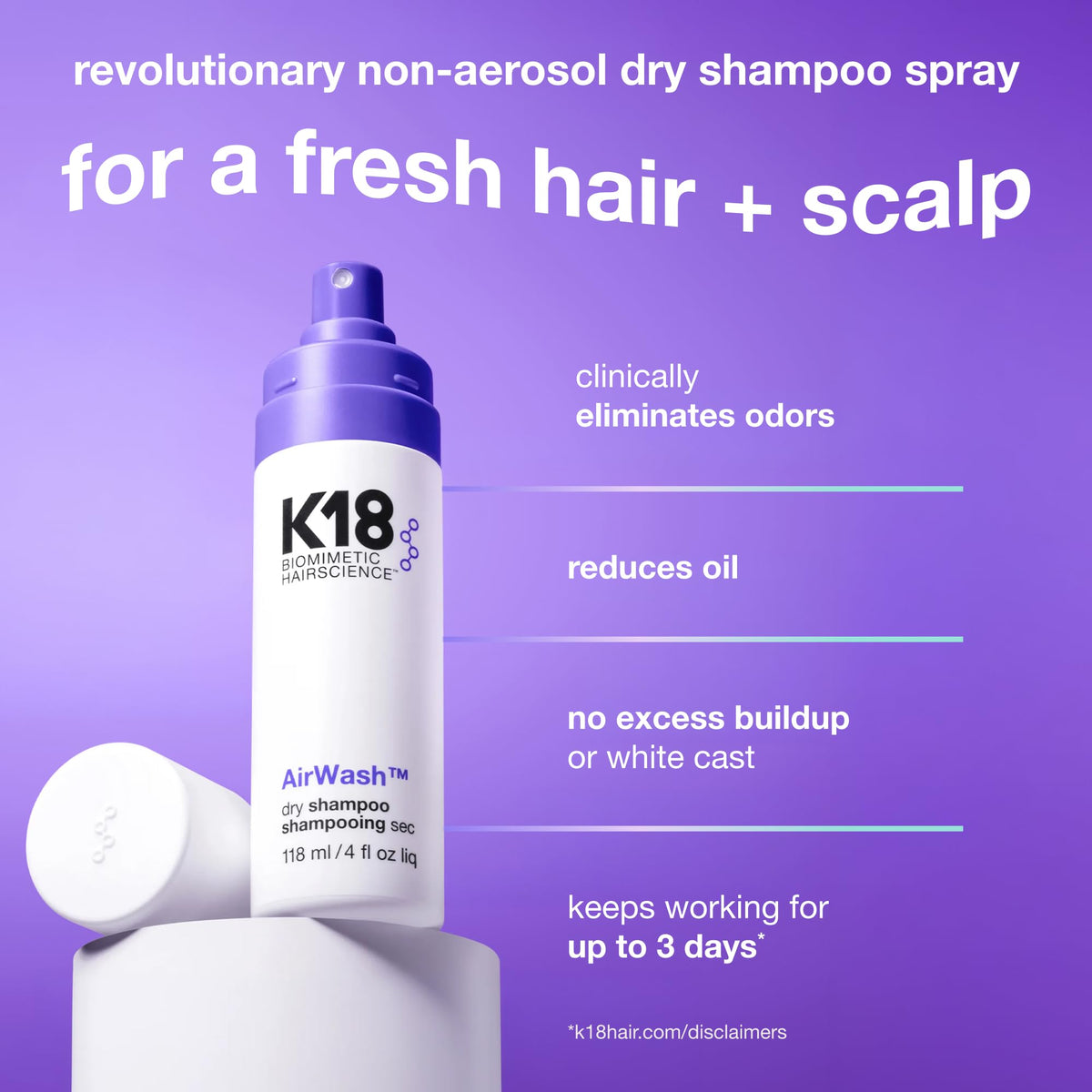K18 AirWash Travel Non Aerosol Dry Shampoo Spray, 1.6 Fl Oz | Eliminate Odor, Reduce Oil + Sweat, No White Cast or Heavy Fragrance, Fresh Hair + Scalp for 3 Days