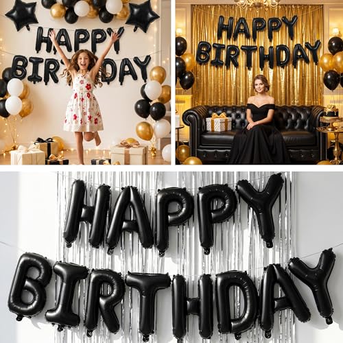 TONIFUL 16 Inch Black Happy Birthday Balloons Banner Decorations for Men | Reusable Foil Letter Birthday Sign Black Birthday Decoration for 16th 30th 50th 60th Boys Adults and Halloween Birthday Party