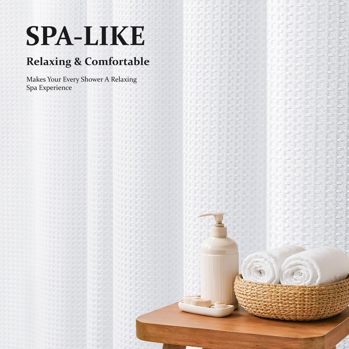 Dynamene Waffle Shower Curtain 256 GSM Heavy Duty Fabric 72"x72" White | Thick Textured Cloth, Weighted Hem, Water Repellent Washable, Hotel Luxury Polyester Shower Curtain Set for Bathroom 12 Hooks