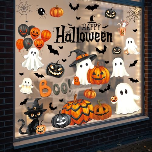 Halloween Window Clings Stickers Decor Fall Halloween Decorations Indoor | 8 Sheets Large Ghost Pumpkin Window Clings for Glass Windows & Doors, Holiday Window Decals for Home Office Classroom Parties