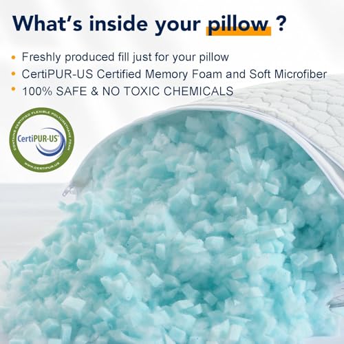 QUTOOL Cooling Pillow for Sleeping, CertiPUR-US Shredded Memory Foam Queen Pillows Set of 2, Cool Pillow for Hot Sleepers Adjustable Firm Pillow for Side, Back, Stomach Sleepers Soft Yet Support,White