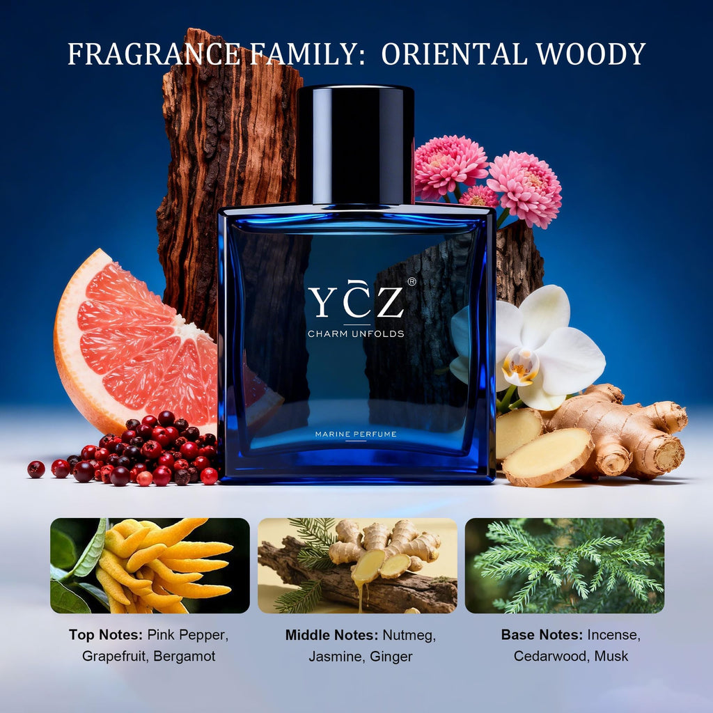 Ycz Midnight Marine Eau de Parfum for Men, 1.7 Fl Oz | Long-Lasting Fresh Marine Woody Fragrance with Grapefruit, Ginger, and Cedar Notes for Daily Wear, Date Nights, and Gifts.