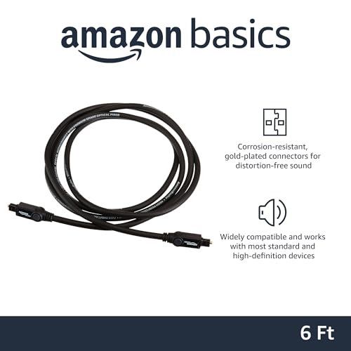 Amazon Basics Toslink Digital Optical Audio Fiber Optic Cable, Multi-Channel, for Sound Bar, Audio System, Home Theatre, Game Console, Blu-Ray Player, Gold-Plated Connectors, 6 Foot, Black