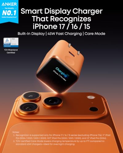 Anker Nano Smart Display Charger, 45W Max Fast Charger USB C for iPhone 17 | 180° Foldable Plug,Smart Recognition, Care Mode GaN USB C Charger Block for iPhone 17/16 (Non-Battery,1 USB-C Port,No Cable)