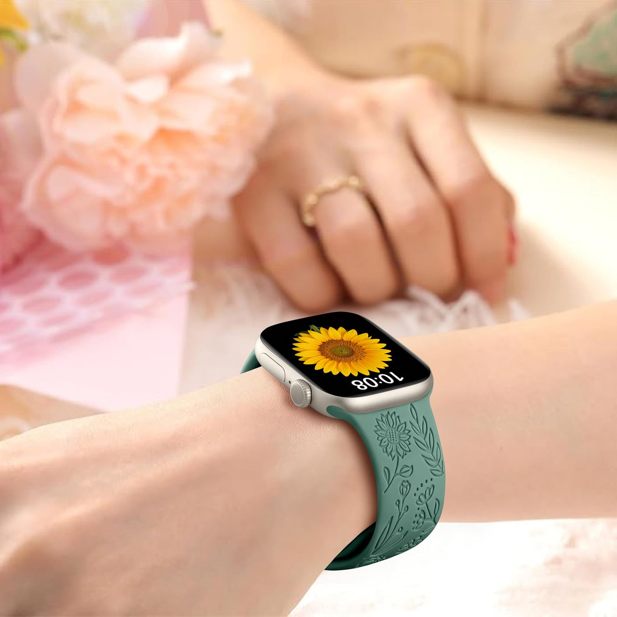6 Pack Floral Engraved Bands Compatible with Apple Watch for Women | Cute Silicone Straps for Series 12 11 10 9 8 7 6 5 4 SE 3/2/1 Ultra, Wristband for iWatch 42mm 40mm 41mm 38mm 44mm 45mm 46mm