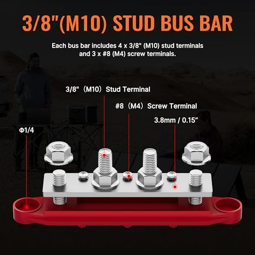 Joinfworld Bus Bar 12V 250A Power Distribution Block 4 x 3/8" Studs Marine Bus Bar 12 Volt Battery Busbar Terminal Block for Automotive, Car, Boat, Solar Wiring - Negative&Positive