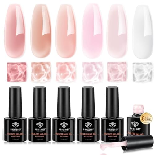 modelones Builder Nail Gel, Builder for Nails Jelly Nude Pink 6 Colors | Fall Hard Strengthener Rubber Base Gel Polish 8-in-One Extension LED Nail Lamp Cured