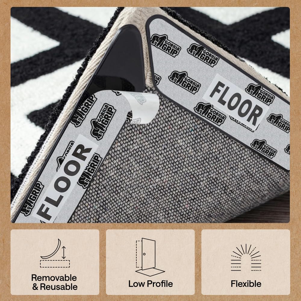 GORILLA GRIP® Extra Long Rug Grippers for Hardwood Floor, Reusable, Black | Dual-Sided Adhesives Pads Keep Area Rugs Corners Flat, Holds Down Carpet on Hard Wood, Tile Floors, Renter Friendly, 8 Pack