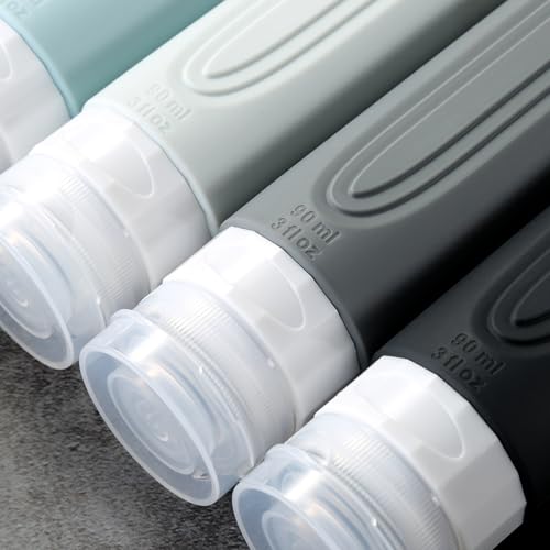 Mrsdry Travel Bottles for Toiletries, Tsa Approved 3oz Travel Size Containers BPA Free Leak Proof Refillable Liquid Silicone Squeezable Travel Accessories for Shampoo Conditioner Lotion (4 Pack)