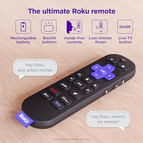 Roku Voice Remote Pro (2nd Ed.), TV Remote Control with Backlit Buttons | Hands-free Voice Controls, Rechargeable, & Lost Remote Finder - Replacement Compatible with All Roku TV, Players & Audio