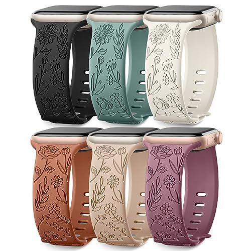 6 Pack Floral Engraved Bands Compatible with Apple Watch for Women | Cute Silicone Straps for Series 12 11 10 9 8 7 6 5 4 SE 3/2/1 Ultra, Wristband for iWatch 42mm 40mm 41mm 38mm 44mm 45mm 46mm