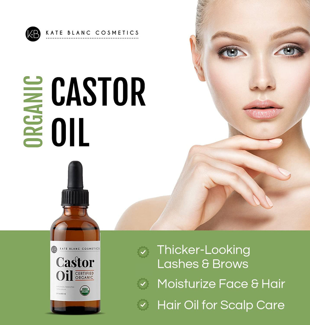 Kate Blanc Cosmetics Castor Oil Organic for Hair, Lashes, Face, Skin (2oz) | 100% Pure, Cold Pressed, Hexane Free Hair Oil in Glass Bottle. Lash Serum for Thicker-Looking Eyelashes & Eyebrows