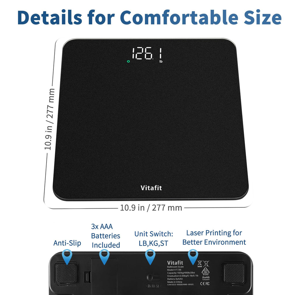 Vitafit Bathroom Scale for Body Weight Accuracy 0.1lb, Weight Scale 400lb | Professional Factory Since 2001 Digital Weighing Scales for Weight, Step On and 3xAAA Included, LED, Spray Silver Black