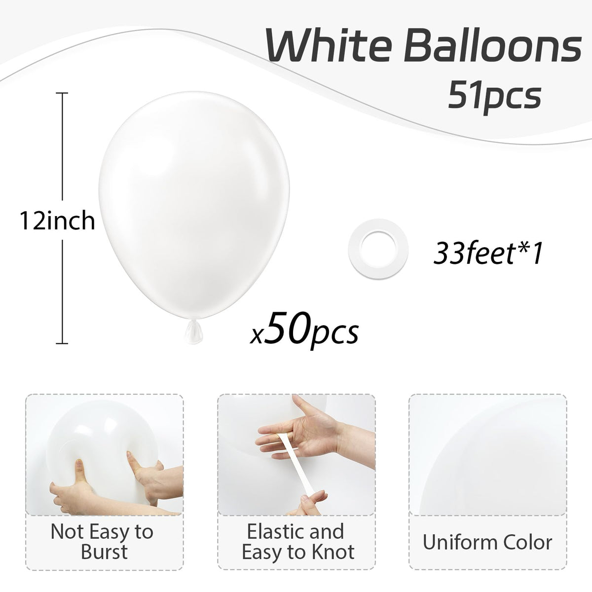 White Balloons 12 inch, White Latex 50pcs Party Balloons | Engagement, Bridal Shower, Wedding, Birthday Party Decorations