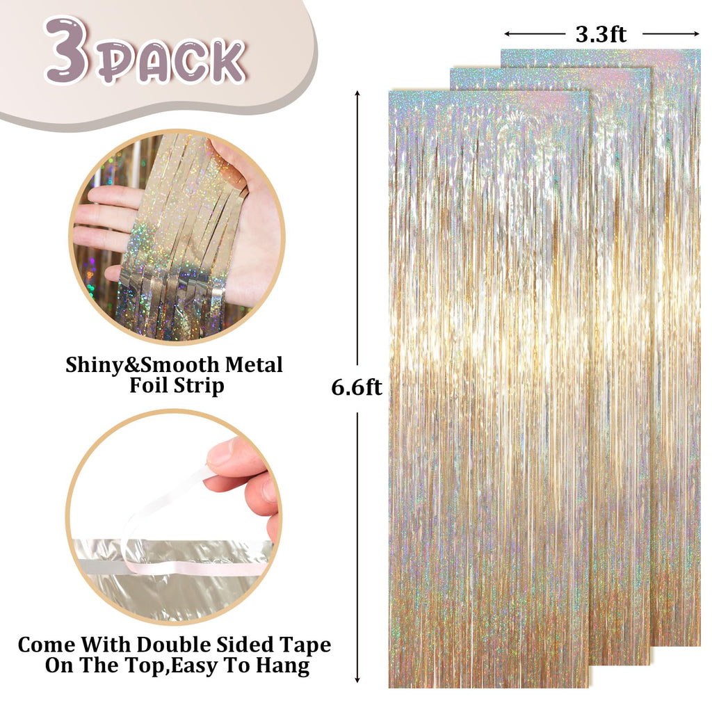 Voircoloria Champagne Foil Fringe Backdrop Curtains, 3.3x6.6ft, 3pcs | Tinsel Streamers, Birthday Party Decorations, Baby Shower, Gender Reveal, Graduation