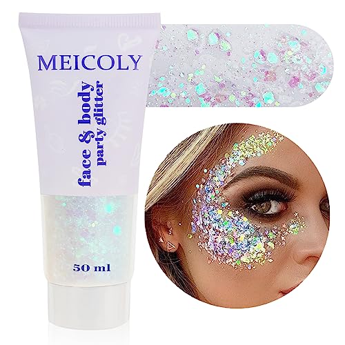 MEICOLY Clear White Face Body Glitter Gel, Halloween Mermaid Fairy Hair Glitter Makeup for Kids Women,Sparkly Party Singer Concerts Glitter Gel,Mardi Gras Rave Running Half Marathon Accessories,50ml