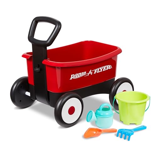 Radio Flyer Push & Pull Walker Wagon with Garden Tools, Ages 1-4 Years, Red | Locking Handle for Stability, Baby Push Walker Converts to Pull Wagon, Indoor & Outdoor Play