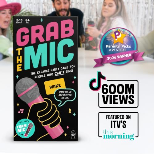 Grab The Mic - Award Winning Karaoke Party Game for Bad Singers w Foam Mic | 120 Word Cards (250 Words), 2-12 Players for Ages 8+. Perfect For Family Game Night, Birthdays & Sing-Off Parties.