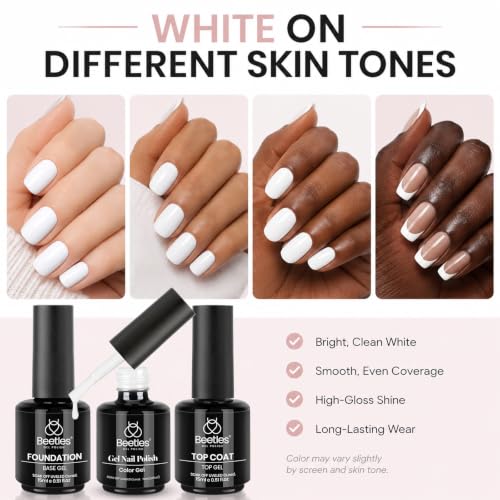 Beetles 3Pcs 15 ml White Gel Nail Polish with Gel Base and Top Coat Set | Soak-Off UV Lamp, Glossy Long-Lasting French Manicure Art Design Kit