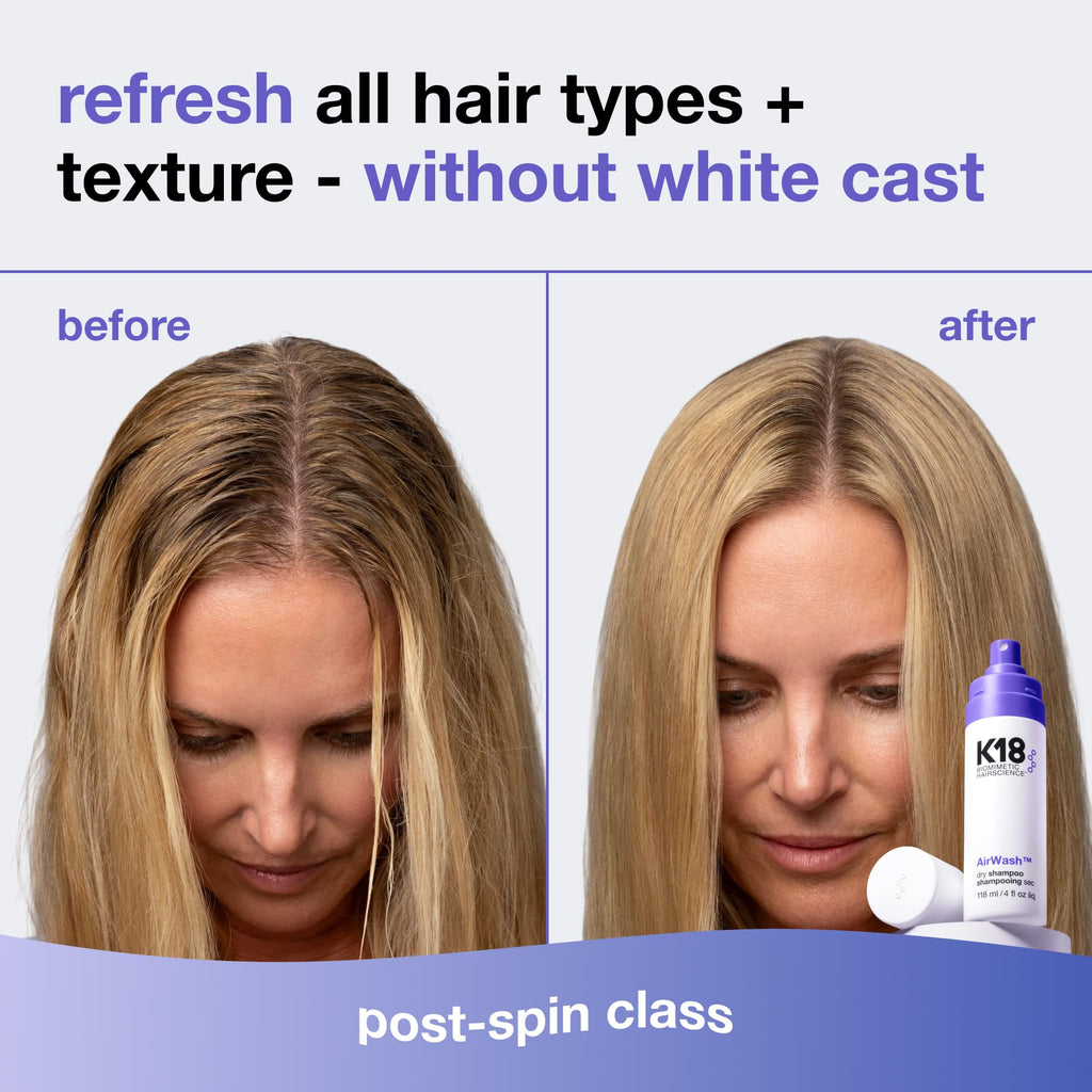 K18 AirWash Travel Non Aerosol Dry Shampoo Spray, 1.6 Fl Oz | Eliminate Odor, Reduce Oil + Sweat, No White Cast or Heavy Fragrance, Fresh Hair + Scalp for 3 Days
