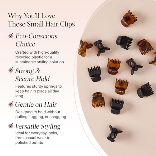 Kitsch Mini Hair Clips for Women - Tortoise & Black, 16 Pcs | Stays In Place Without Pulling or Snagging, Durable & Sturdy Plastic Small Hair Clips For Bangs, Stylish Hair Accessories