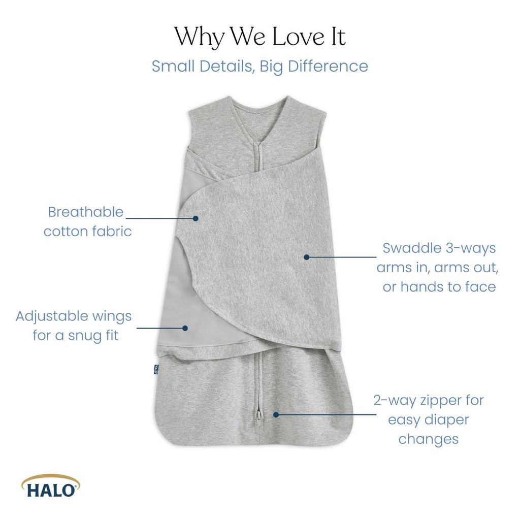 HALO SleepSack Swaddle | Cotton | 1.5 TOG | 68-75°F | 6-12 lbs |Baby Blue | 3-Way Swaddle: Arms In, Hands-to-Face or Arms Out | Double Zipper for Easy Changes | Hip-Healthy Design | Newborn 0-3 Months
