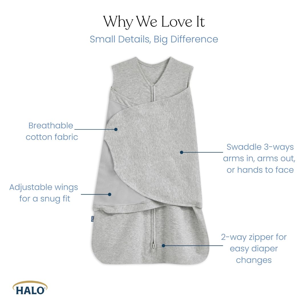HALO SleepSack Swaddle | Cotton | 1.5 TOG | 68-75°F | 6-12 lbs |Baby Blue | 3-Way Swaddle: Arms In, Hands-to-Face or Arms Out | Double Zipper for Easy Changes | Hip-Healthy Design | Newborn 0-3 Months