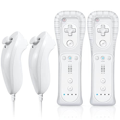 FASIGO Remote Controller with Nunchuck, Compatible with Nintendo Wii/Wii U | 2 Pack, White