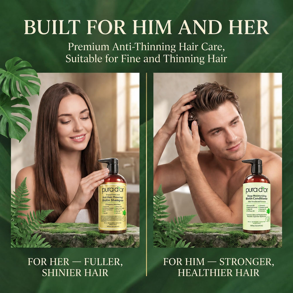 PURA D'OR Gold Label Anti-Thinning Biotin Shampoo & Conditioner, 16oz x2 | Thicker-Looking Hair, Clinically Tested, Botanical Extracts, Aloe Vera Base, Men & Women, Sulfate-Free, Natural Earthy Scent