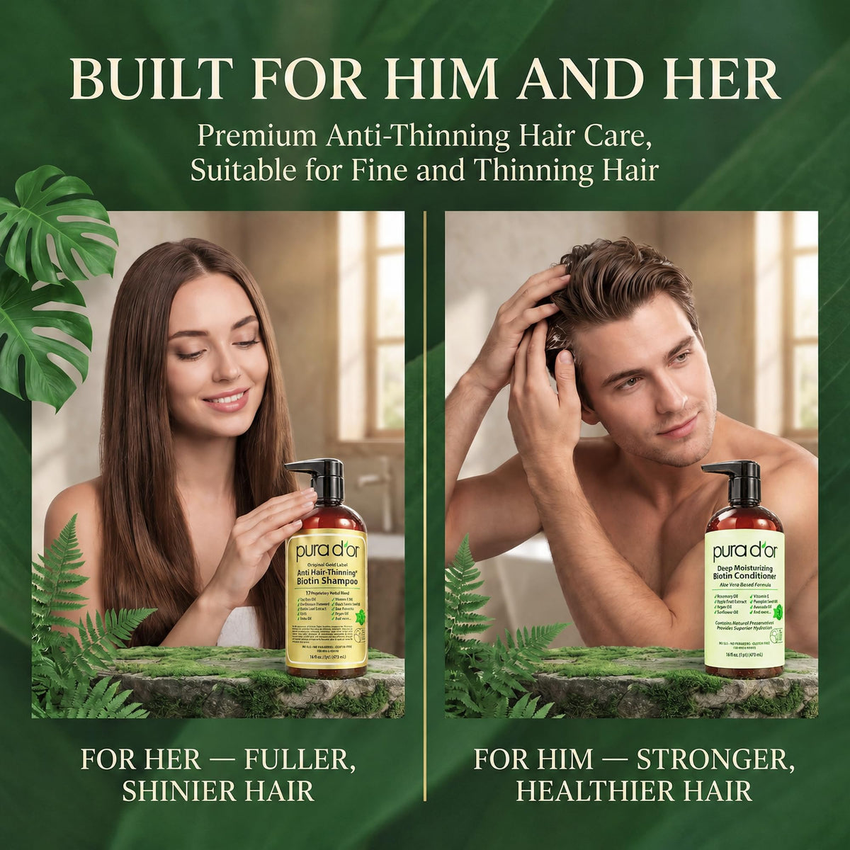 PURA D'OR Gold Label Anti-Thinning Biotin Shampoo & Conditioner, 16oz x2 | Thicker-Looking Hair, Clinically Tested, Botanical Extracts, Aloe Vera Base, Men & Women, Sulfate-Free, Natural Earthy Scent