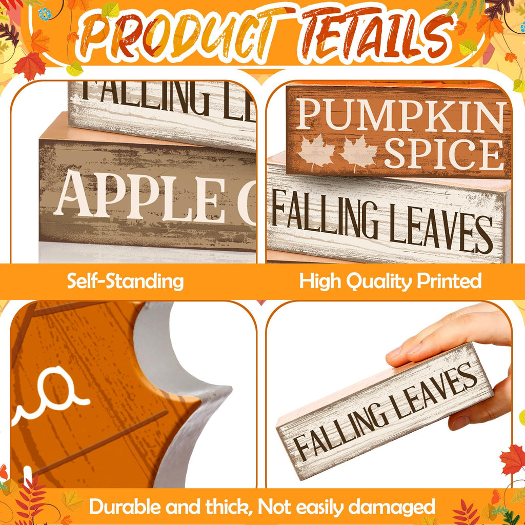 Moucuny 4 Pcs Fall Decor Wooden Maple Leaf Decoration Thanksgiving Decor | Rustic Stackable Blocks with Apple Cider Leaves Sayings,Thanksgiving Table Centerpiece, Farmhouse for Autumn Harvest Party